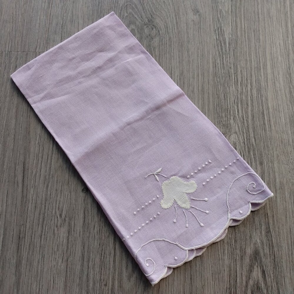 Vintage Mauve Tea Towel Napkin Fuchsia Flower Applique Light Pale Purple